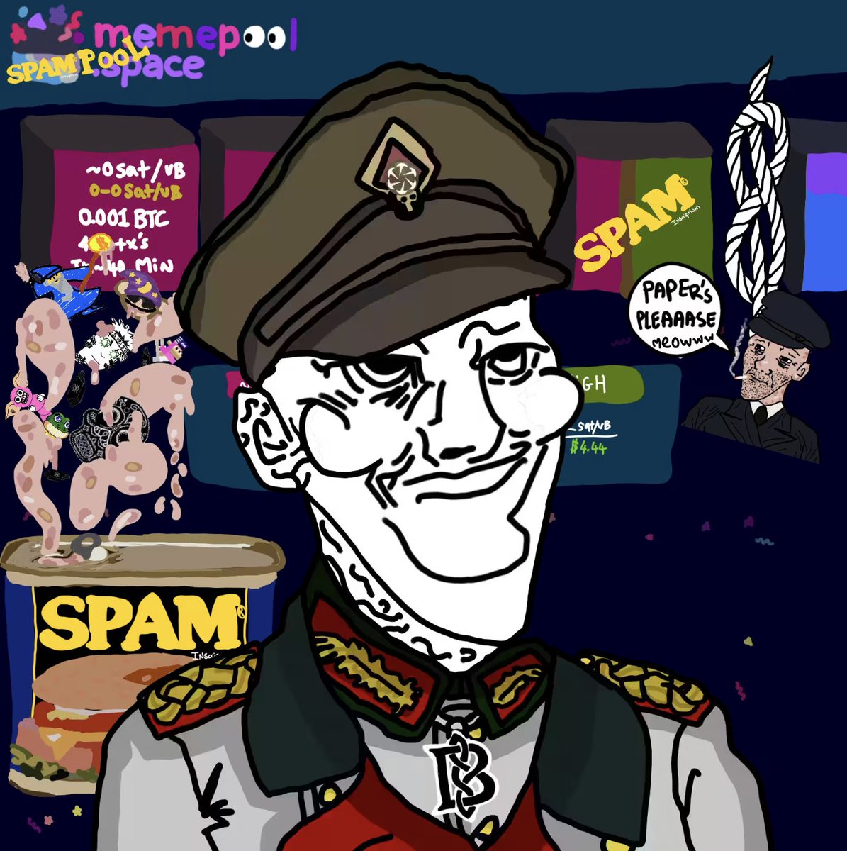 Minted some SPAM today

No sleep
Feels like early Ordinals again
Degen mode: ON

Respect to <a href="/WizrdMcBlizzrd/">WizardMc Blizzard</a> <a href="/A_Knotler/">Bitcoin Knotz</a> 
3$ mint, no extra fees, clean mint, strong art

Fair mint > everything