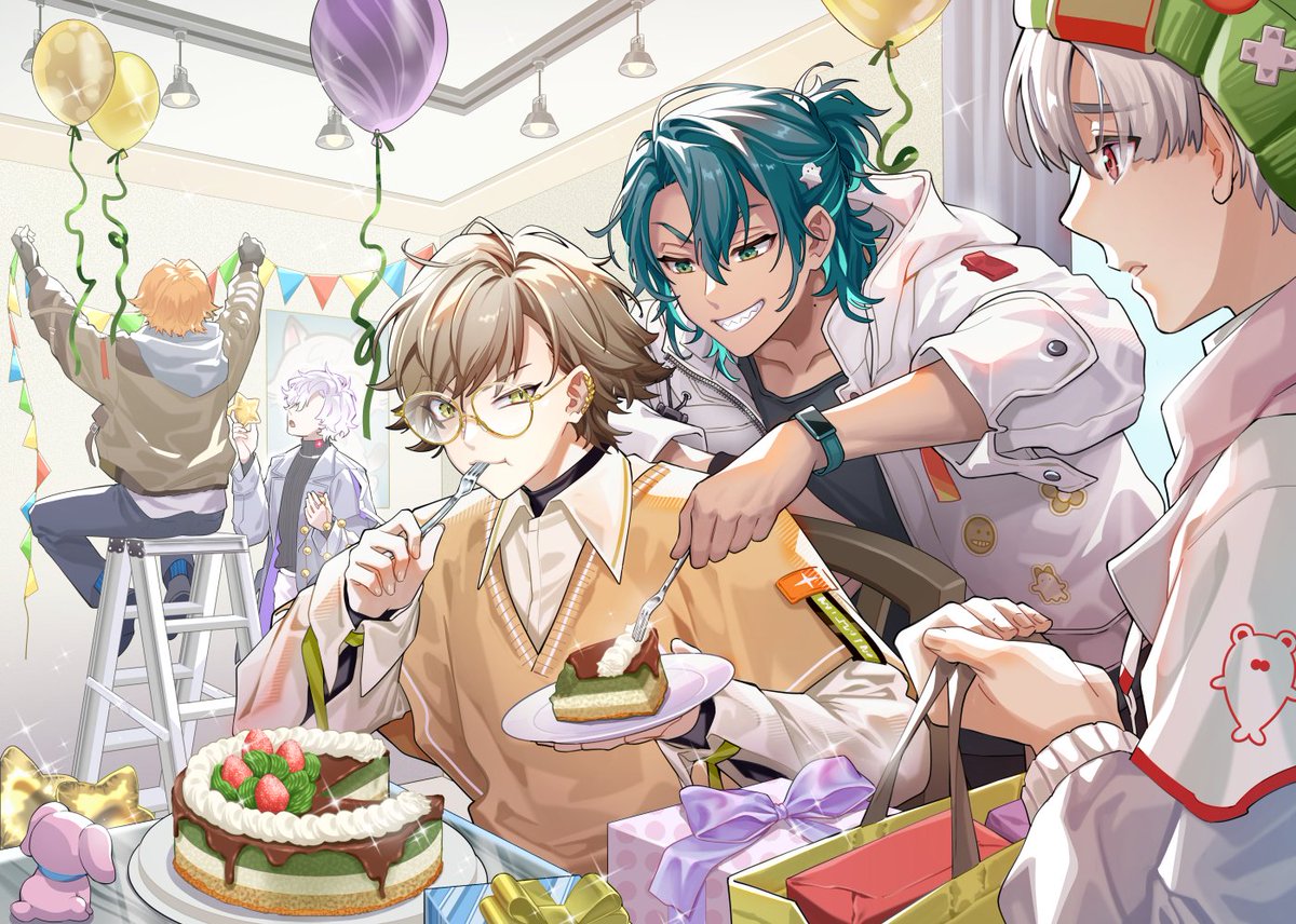 8Akaren8's tweet photo. ＹＡ，生日倒數前一天趕上了！
貓下去生日快樂～～

豹：阿你們怎麼先吃了....
貓：別搶我的蛋糕！
瓦：別人的蛋糕比較好吃
萬：沉迷佈置場地
狗：幫阿萬佈置場地

★下收留言區

#這是什麼day喵嗚 https://t.co/OMnxDd58OC