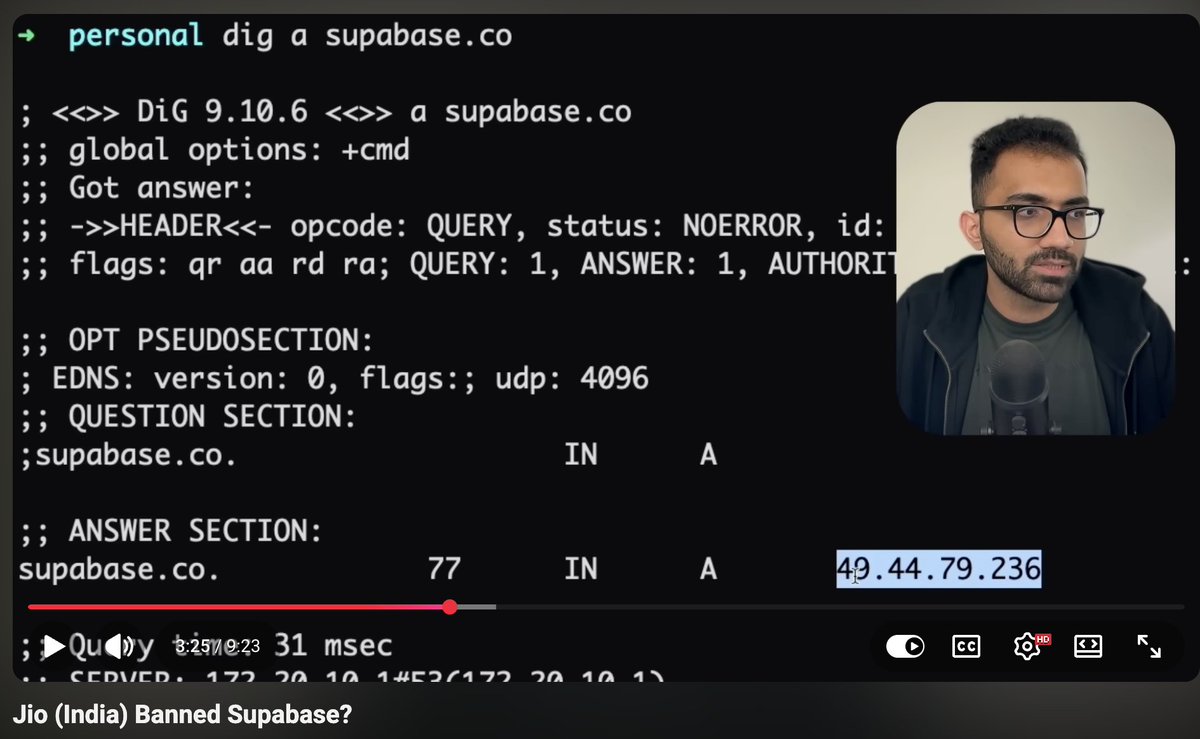 mehulmpt's tweet photo. I covered this in a video. 

My guess is that Jio wanted to block a few (spam?) subdomains on supabase[.]co and someone over at Jio got SUPER LAZY and blocked the whole range of subdomains instead of properly blocking via SNI inspection. https://t.co/X4BuqaCTAq
