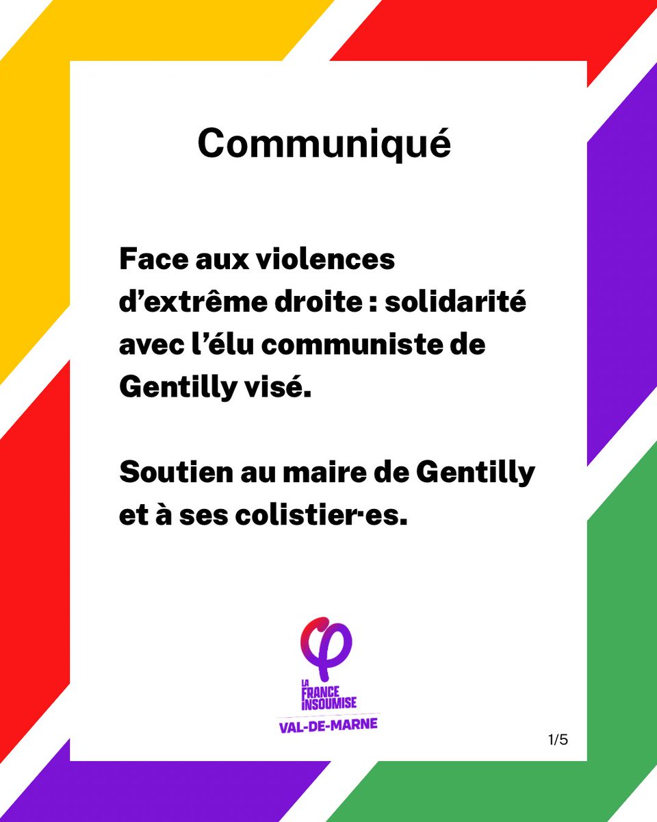 FI_ValdeMarne's tweet photo. 🔴 Communiqué de la France insoumise Val-de-Marne 

Face aux violences d’extrême droite : solidarité avec l’élu communiste de Gentilly visé.

Soutien au maire de Gentilly et à ses colistier·es. https://t.co/20XIiJUOl5