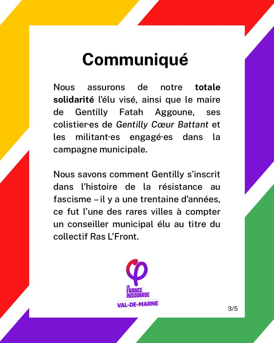 FI_ValdeMarne's tweet photo. 🔴 Communiqué de la France insoumise Val-de-Marne 

Face aux violences d’extrême droite : solidarité avec l’élu communiste de Gentilly visé.

Soutien au maire de Gentilly et à ses colistier·es. https://t.co/20XIiJUOl5