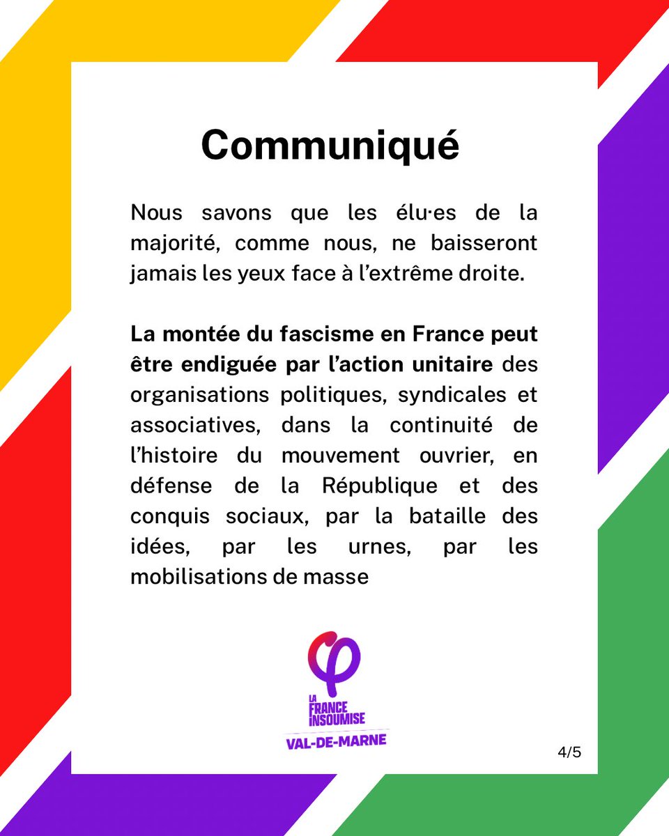 FI_ValdeMarne's tweet photo. 🔴 Communiqué de la France insoumise Val-de-Marne 

Face aux violences d’extrême droite : solidarité avec l’élu communiste de Gentilly visé.

Soutien au maire de Gentilly et à ses colistier·es. https://t.co/20XIiJUOl5