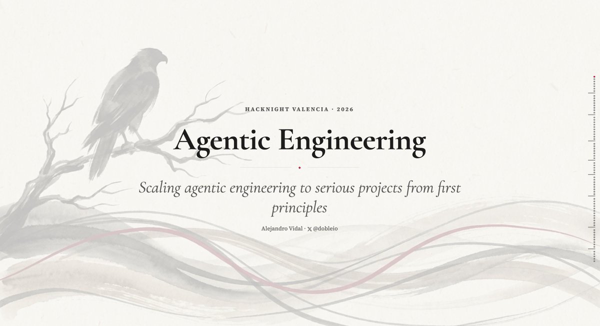 Agentic Engineering no es vibe coding con esteroides - es un problema de alineamiento.

Hoy en <a href="/HackNightVLC/">HackNight Valencia</a> sobre primeros principios para escalar software con agentes: feedback loops, reward hacking, hawk agents y el tiempo humano como recurso escaso.

Gracias a @flywire!
