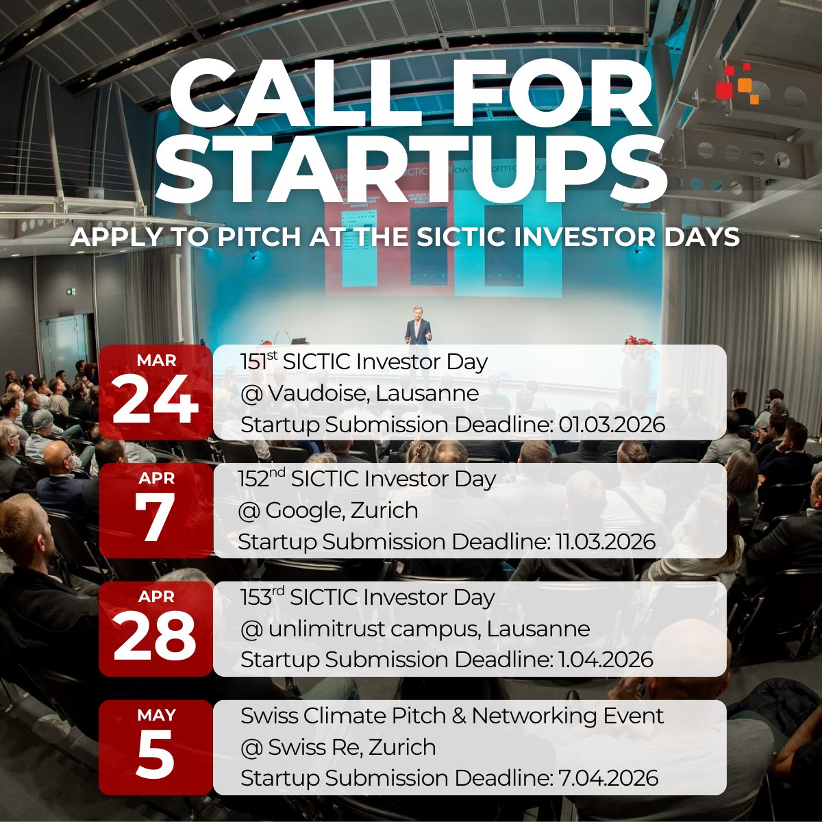 sictic_ch's tweet photo. 🚀 Call for Startups!
Apply to pitch at the SICTIC Investor Days and present your startup to SICTIC angel investors 👉  https://t.co/Xx55gWl0fm

#SICTIC #CallForStartups #StartupPitch https://t.co/zjpB5klKp4
