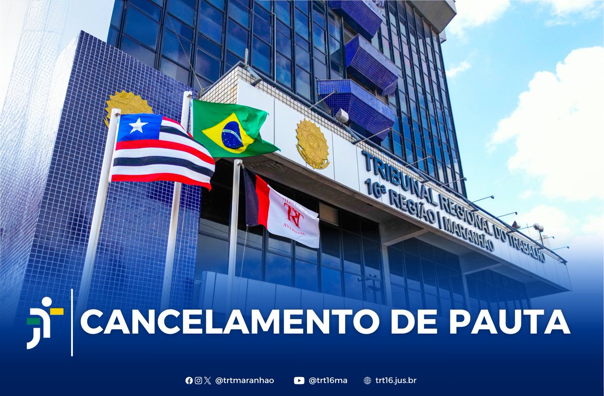 Secretaria do Tribunal Pleno e das Turmas do TRT-16 informa o cancelamento da Sessão do dia 3 de março: trt16.jus.br/noticias/secre… 
#CancelamentodePauta #CancelamentodeSessão #JustiçadoTrabalho #SouTRT16 #TRTMA