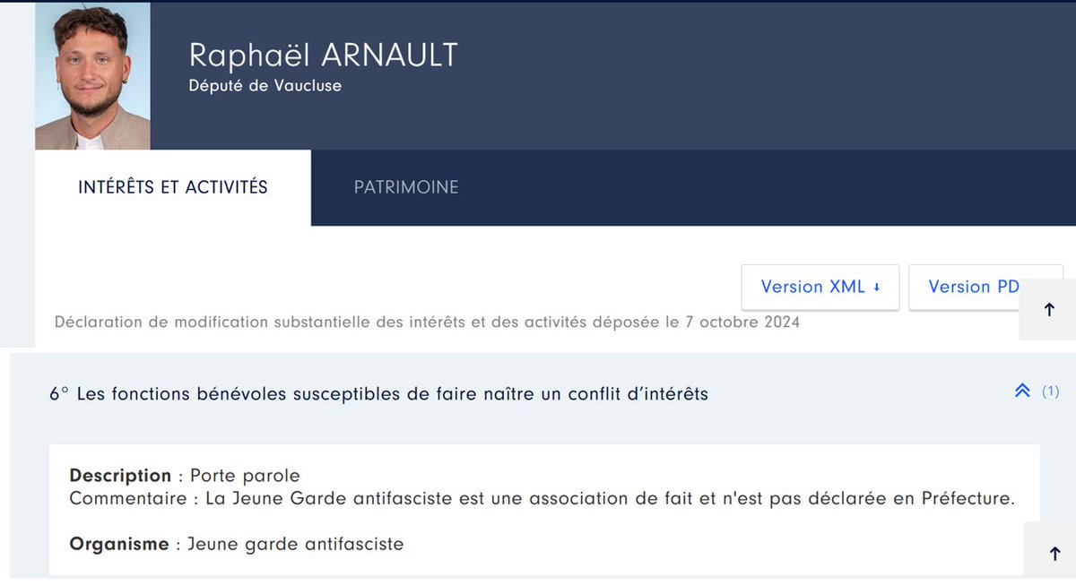 Voici la fiche de l'AHTVP de <a href="/ArnaultRaphael/">Raphaël Arnault</a> déposée le 7 octobre 2024.
Il est précisé qu'il est toujours porte parole de la Jeune Garde antifasciste...
Etonnant, non?
<a href="/noellelenoir/">noelle lenoir</a>
