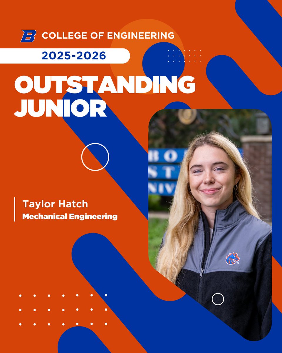 BoiseStateCOEN's tweet photo. 𝟮𝟬𝟮𝟲 𝗢𝘂𝘁𝘀𝘁𝗮𝗻𝗱𝗶𝗻𝗴 𝙈𝙚𝙘𝙝𝙖𝙣𝙞𝙘𝙖𝙡 𝙀𝙣𝙜𝙞𝙣𝙚𝙚𝙧𝙞𝙣𝙜 𝗝𝘂𝗻𝗶𝗼𝗿

Congratulations to Taylor Hatch from @BoiseStateMBE being recognized by the Idaho Society of Professional Engineers as one of the two @BoiseState junior ME majors! https://t.co/upMckDjTHV