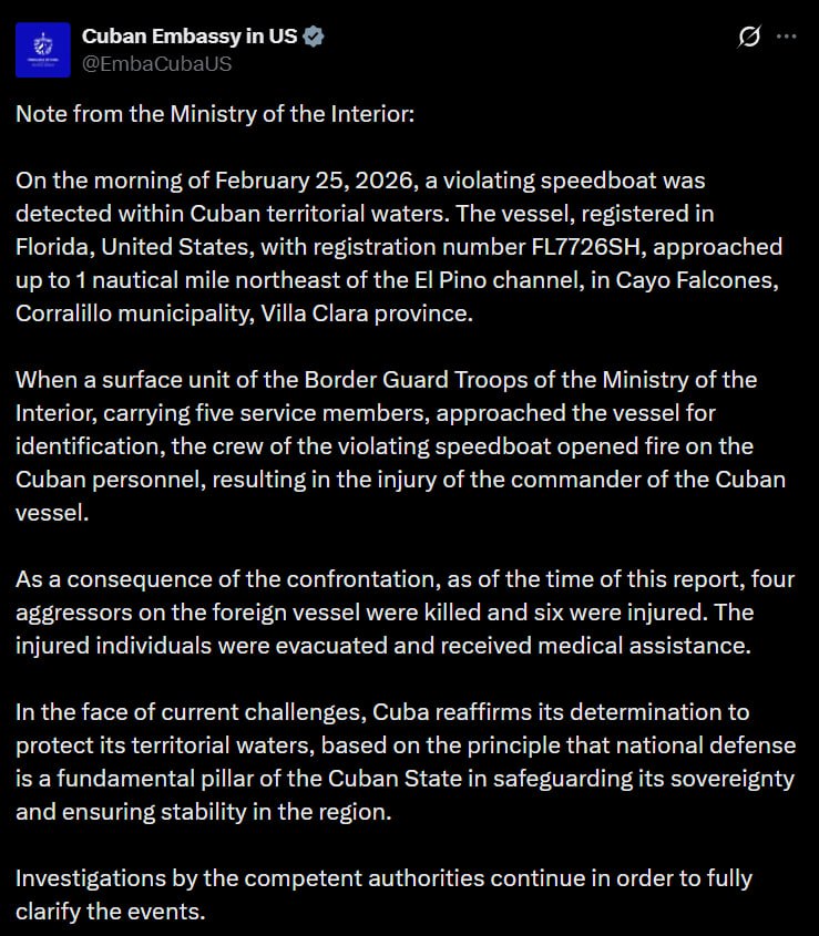 GraffCarmandy's tweet image. Cuba’s Interior Ministry: Four people on a U.S. speedboat were killed in a shootout with the Cuban Coast Guard after they opened fire when the Coast Guard approached the vessel to conduct an identification check, injuring the commander of the Cuban craft.