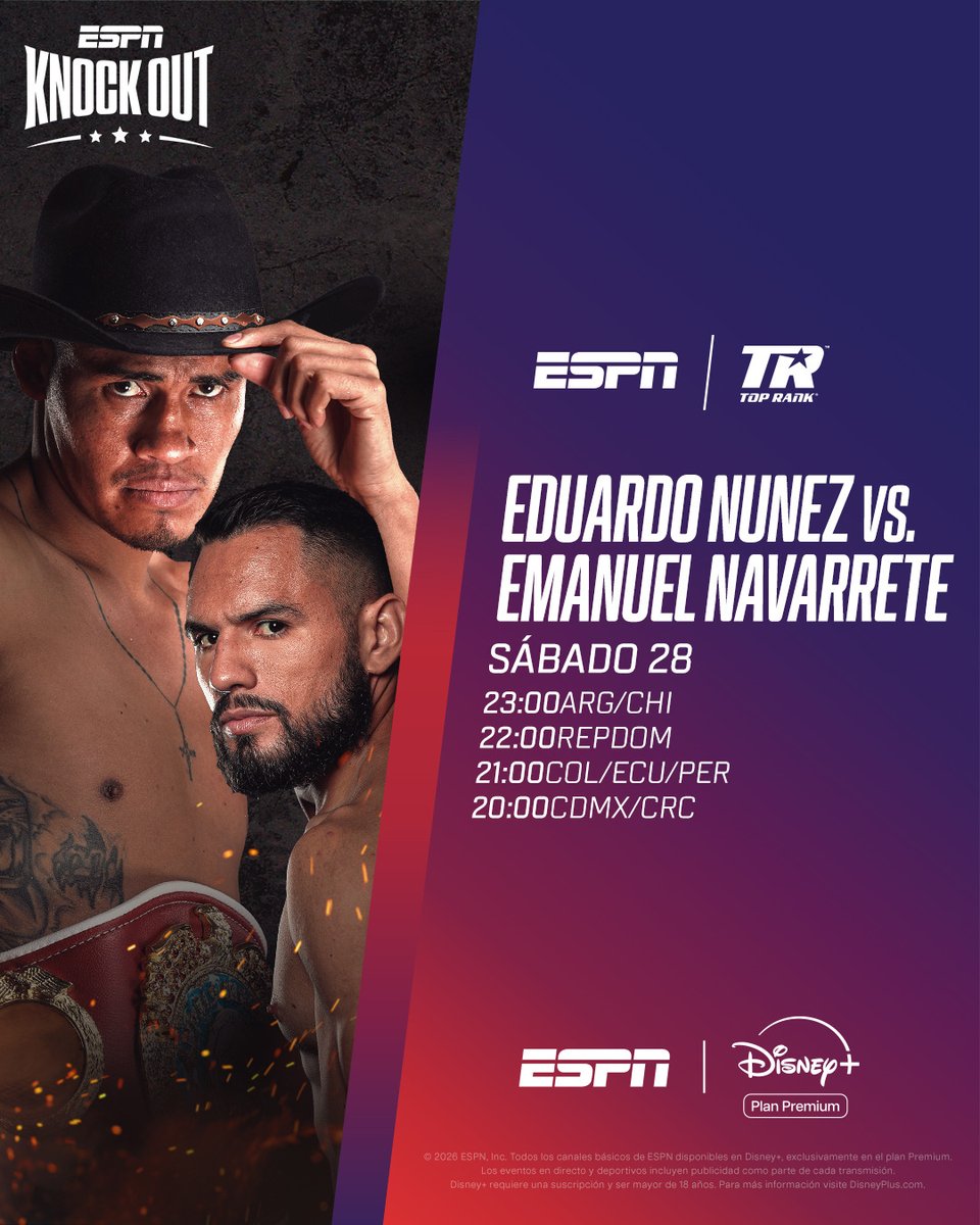 ESPNKnockOut's tweet photo. ¡La unificación del cinturón Superpluma en juego entre dos mexicanos! Sugar Núñez y Vaquero Navarrete pelearán en el Desert Diamond Arena. 🇲🇽💥

📅 sábado 28/2

▶️ Mirá el mejor 🥊 boxeo en el Plan Premium de #DisneyPlus. https://t.co/6xDEOuN7NL