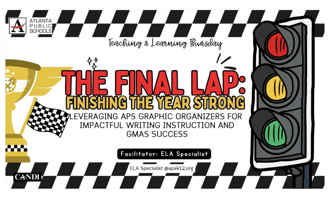 APS_CandI's tweet photo. 🏁 🏁 The Final Lap!
Join us for our LAST Teaching & Learning Thursday of the year —
finishing strong with APS graphic organizers for impactful writing and GMAS success. #makeitexplicit #justlikeCandI @apsupdate @APSInstructTech https://t.co/ZqLSnADyAC