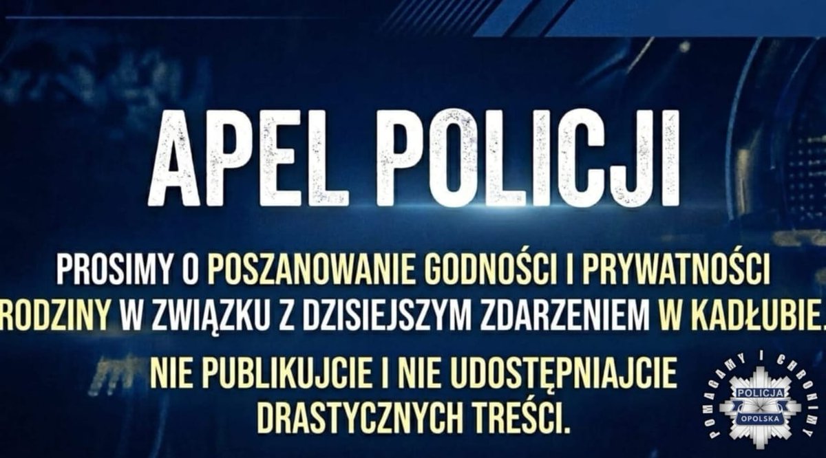 W związku z dzisiejszym zdarzeniem w Kadłubie apelujemy o powstrzymanie się od publikowania i udostępniania drastycznych zdjęć oraz nagrań z miejsca zbrodni! 

W obliczu całej tragedii, rodzina zmarłej 92-latki i 38-latka zasługuje na uszanowanie ich prywatności. Nikt nie