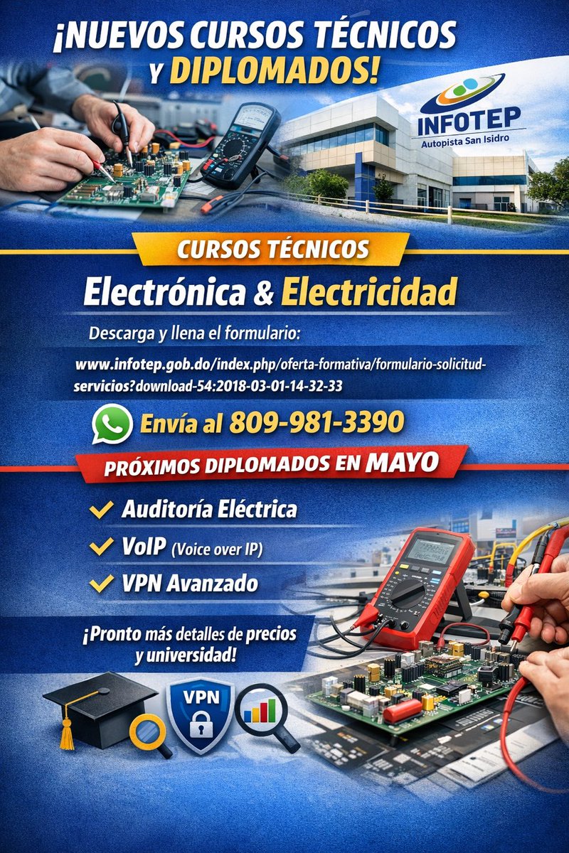 richardjuniors's tweet photo. A partir de marzo retomaremos nuestra labor docente, tanto en el ámbito técnico como universitario.

En la formación técnico-profesional impartiremos los cursos de Electrónica y Electricidad en el INFOTEP de la Autopista de San Isidro. Actualmente estamos en el proceso de programación y levantamiento de quórum. Si le interesa participar, favor de descargar y completar el siguiente formulario: 
https://t.co/MbAgy0seXb
 Luego enviarlo al número 809-981-3390. Puede compartirlo con cualquier amigo o familiar que desee formarse en estas áreas.

En mayo iniciaremos los diplomados de: Auditoría Eléctrica VoIP (Voice over IP) VPN Avanzado
Más adelante estaremos informando el precio y la universidad donde serán impartidos.

Favor de compartir este mensaje.