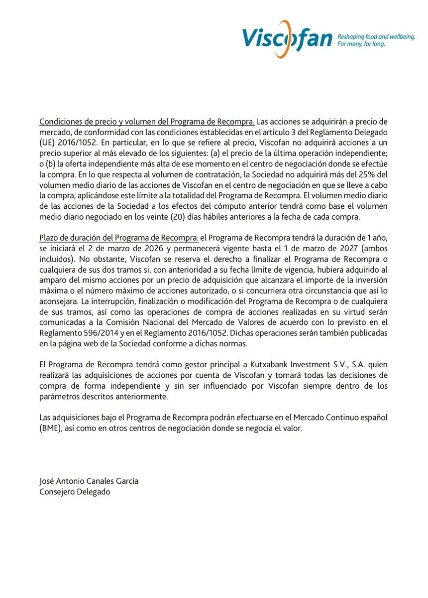 Otra forma de remunerar al accionista

El 2 de marzo y durante casi 1 año comenzará un nuevo programa de recompra de acciones propias por parte de #Viscofan

150M€ unas 2.700.000 acciones que sería aprox un 5,8% del CS

#Buybacks $VIS #OperationBodenPlatte