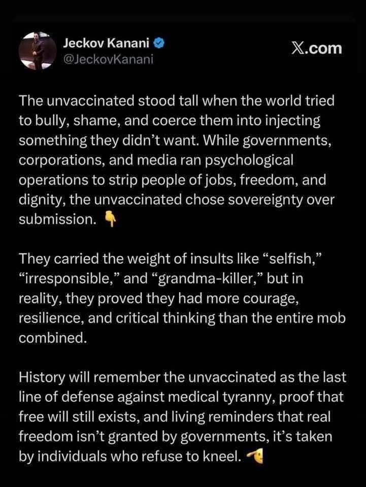 JeckovKanani's tweet photo. To the unvaccinated— 

You stood steady under scrutiny.

Mad respect.🙌 https://t.co/PbVfyW42sl