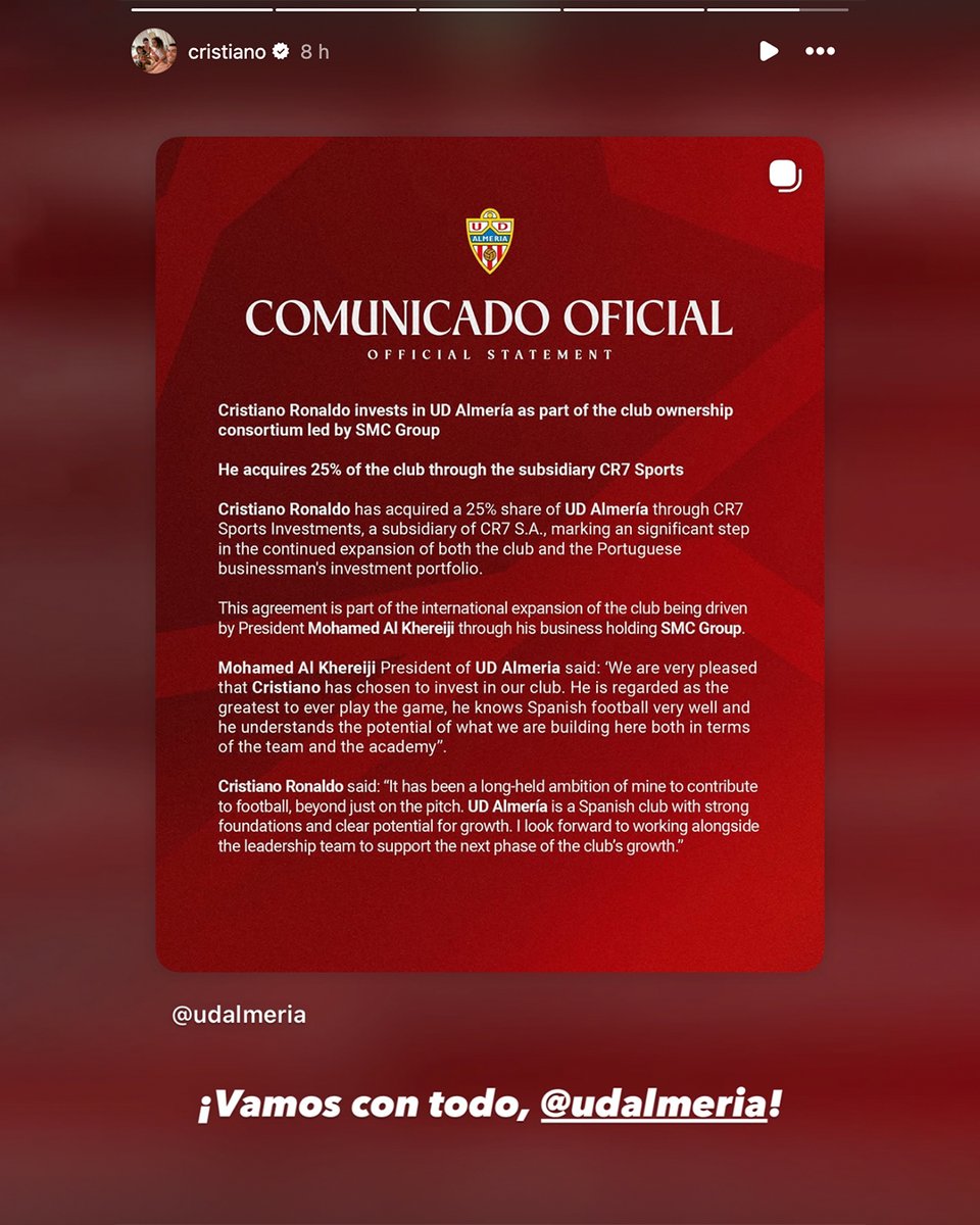Cristiano Ronaldo, a través de la filial CR7 Sports, ha adquirido el 25% de las acciones del UD Almería. 😱

"Estoy deseando trabajar con el equipo directivo, para apoyar la fase de crecimiento del club". 🔝