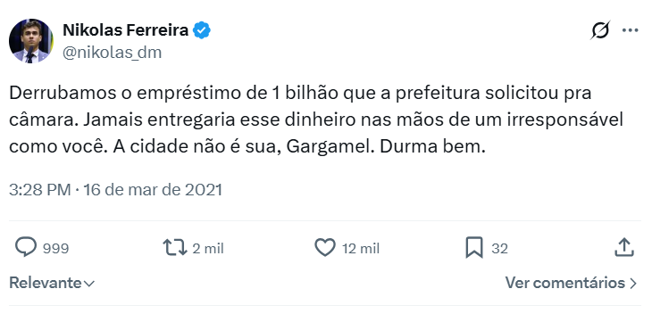 bom lembrar que nikolas, quando era vereador de BH, numa estratégia bolsonarista da oposição por oposição, foi contra impulsionar o Programa de Redução de Riscos de Inundações e Melhorias Urbanas na Bacia do Ribeirão Isidoro, ele é bom em fazer nada.