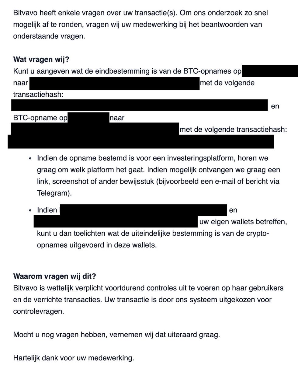 Race_Inc's tweet photo. 🚨 !!! Waarschuwing voor @bitvavocom -gebruikers: na je bitcoin-opname (naar een eigen self-custodial wallet) vragen ze wat er daarna met JE EIGEN bitcoin gebeurt. Dus verder dan alleen de ontvangst-wallet. #BTC #bitcoin #privacy #Bitvavo #TravelRule [1/5] https://t.co/8A9CCW8B9G