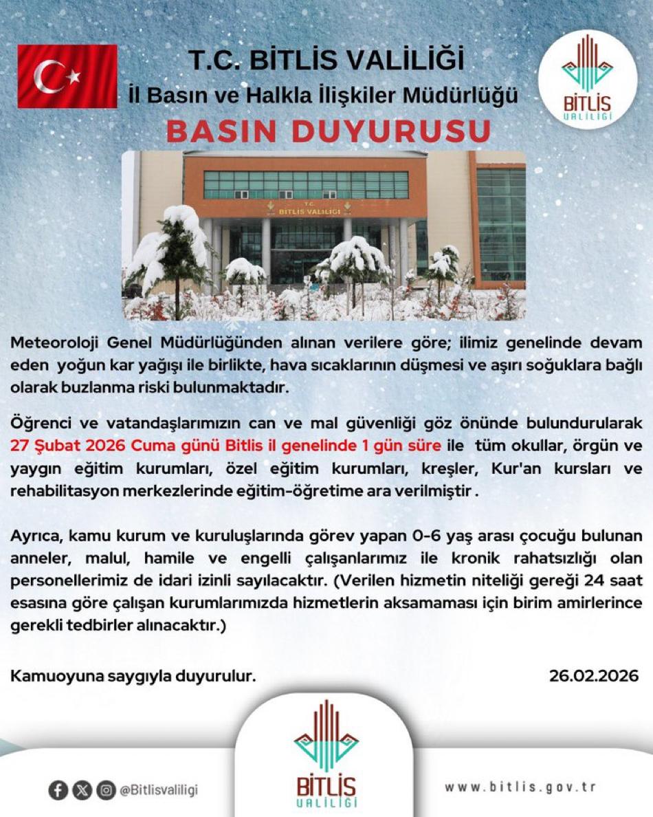 27.02.2026 BİTLİS Geneli Okullar Tatil.