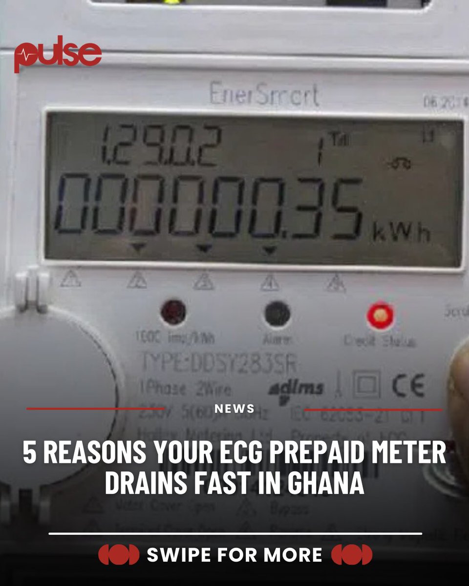 PulseGhana's tweet photo. Ever topped up your ECG prepaid meter on Monday, only to see it mysteriously hit zero by Thursday even though you barely used anything?

You’re not alone! Across Ghana, from Accra to Kumasi, people keep asking:
“How is my light credit finishing so fast when my fridge is half-empty, my AC stays off, and my TV is unplugged?”

Turns out, your electricity isn’t just “going”; it’s being quietly stolen by hidden culprits you never suspected.

From phantom power thieves to meter tricks and old appliances eating money like waakye, we’re breaking down the 5 real reasons your credit vanishes faster than “light off” during a Black Stars match.
Ready to fight back and keep your power (and cash) where it belongs? Let’s expose these silent credit killers and how to stop them for good!
Below are the top 5 highly searched reasons behind this issue, along with practical solutions.

#PulseNews