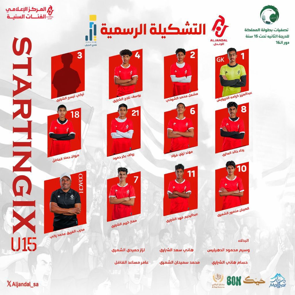 قائمة #مارد_الجوف #U15    لـمواجهة الجيل تصل 🤩! 

#تصفيات_بطولة_المملكة_للدرجه_الثانيه_تحت15 | #الجندل_الجيل