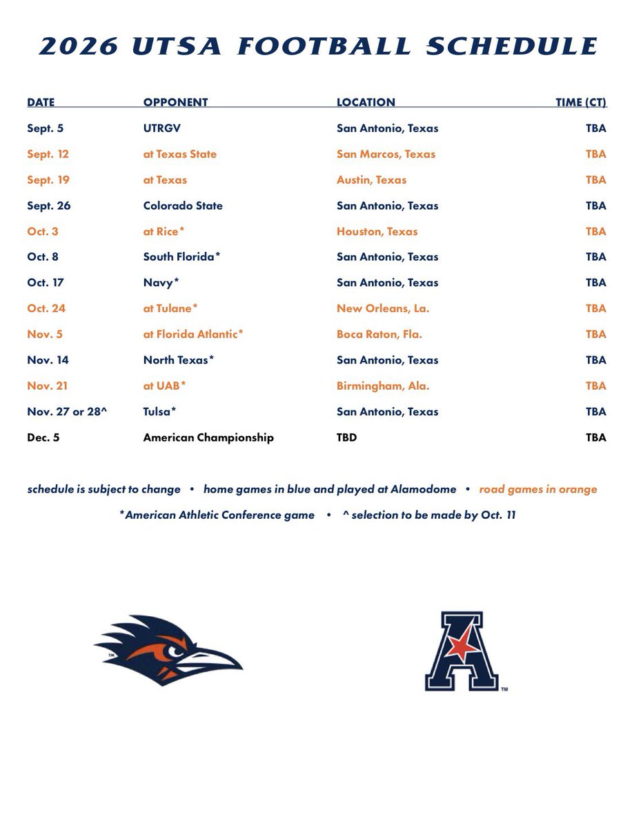 Here is <a href="/UTSAFTBL/">UTSA Football 🏈</a>’s 2026 schedule. 

Home:
UTGRV
Colorado State
USF
Navy
UNT
Tulsa

Away: 
Texas
Texas State
Tulane 
FAU
UAB