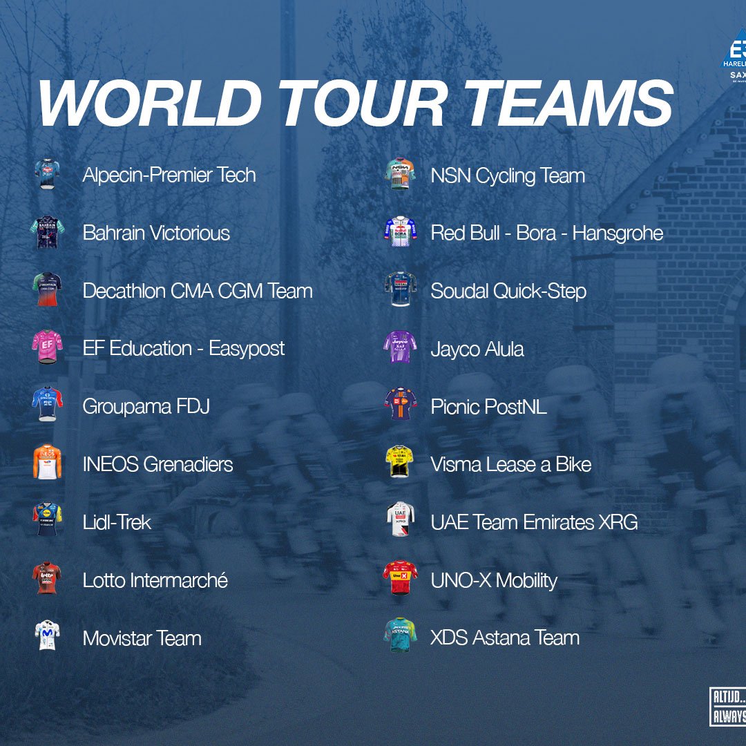 notE3SaxoCla's tweet photo. This won't be a Sunday ride. 🚴‍♂️💥  These are the teams that will battle it out on Friday, March 27th in Harelbeke. Who will take the victory?

#E3SaxoClassicᴿᴾ https://t.co/vntAYd7hqi