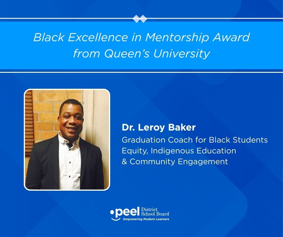 PeelSchools's tweet photo. Congratulations to Dr. Leroy Baker, PDSB Graduation Coach for Black Students, on receiving the Black Excellence in Mentorship Award from Queen’s University!

Dr. Baker, a postdoctoral fellow at Queen’s, focuses his doctoral research on Black students’ access to academic accommodations at Ontario universities, shedding light on the systemic barriers that shape their educational experiences.

This award recognizes members of the Black community who make exceptional contributions to mentorship at Queen’s University. Recipients embody the spirit of community-building, supportive relationship‑building, and the creation of spaces where students and colleagues can learn, grow, and thrive.

Please join us in celebrating Dr. Leroy Baker on this well‑deserved honour!

Learn more about the award and Dr. Baker’s research: https://t.co/XpLc7YNfOX
