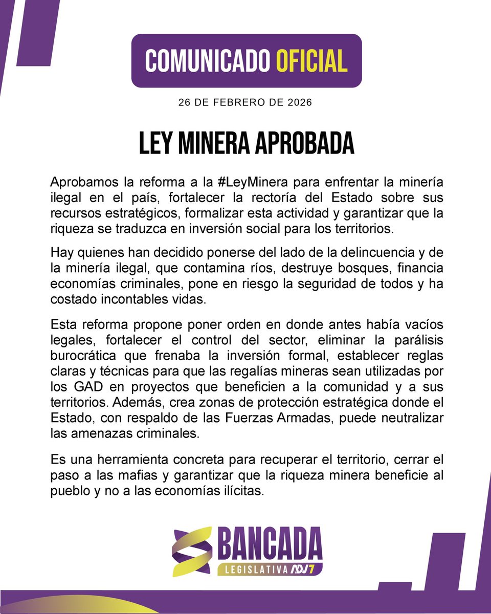 Aprobamos la reforma a la #LeyMinera para poner orden, cerrar el paso a las mafias y recuperar el control del Estado sobre nuestros recursos estratégicos.

Más control, más seguridad y regalías que se invierten en los territorios, no en economías criminales.

La riqueza minera