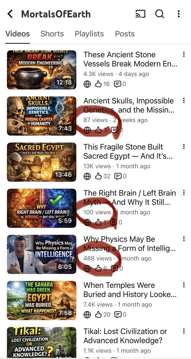 It’s apparent the spicy topics YouTube shadow bans on my channel.

Maybe there is something there for inquiring minds to check out?

These aren’t the only ones, you can spot the “other topics” with unexplainably low numbers (if you scroll the channel).

youtube.com/@earthmortals?…