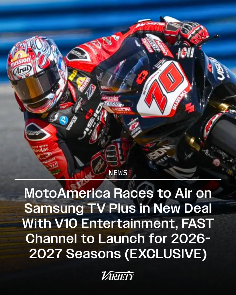 Variety's tweet photo. EXCLUSIVE: MotoAmerica races will air on Samsung TV Plus as part of a new multiyear pact with V10 Entertainment.

• The 2026–2027 deal kicks off with the 84th Daytona 200 on March 6

• Samsung will launch MotoAmericaTV, a new FAST channel, later this spring featuring 200+ hours of racing and premium content

https://t.co/iFzPW8n5An