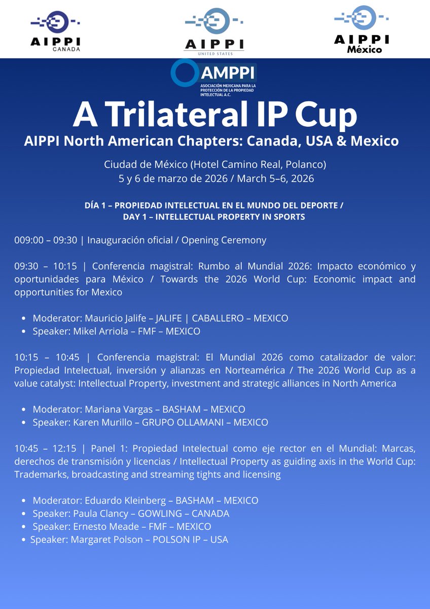 AMPPI_AC's tweet photo. Les compartimos el programa del encuentro internacional "A Trilateral IP Cup", organizado en conjunto por @amppi_ac y los capítulos de Estados Unidos y Canadá de @aippi_org

Registrate en: https://t.co/mxp05NwheC https://t.co/dGw1SDjDLH