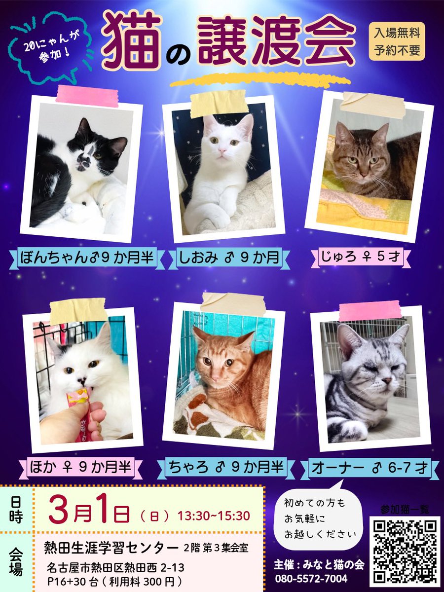 #拡散RPお願いします 
猫のお家探しにご協力いただき
ありがとうございます
おかげさまで多くの猫たちが
幸せな猫生を歩んでおります🍀

【猫の譲渡会】
•3/1(日)13:30-15:30
•名古屋市熱田生涯学習センター
•P16+30台(利用料 300円)

初めての方もお気軽にお越し下さい🍀

#保護猫譲渡会