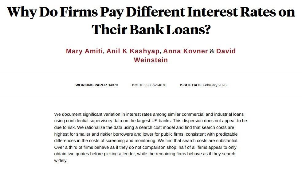 nberpubs's tweet photo. Borrower search-cost frictions explain why most of the dispersion in loan interest-rate spreads is driven not by differences between risk categories but by differences within them, from Mary Amiti, Anil K Kashyap, Anna Kovner, and @deweinstein https://t.co/mgc45ohz7W https://t.co/egTd3ZSVDP