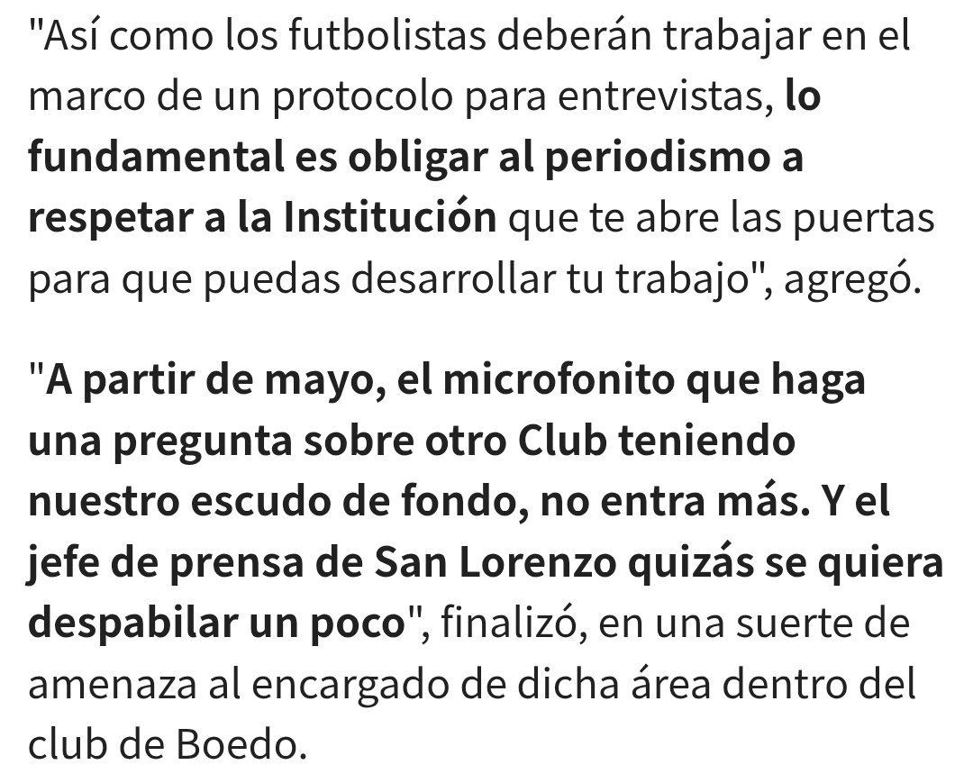 Decir que esto es restringir a la prensa es como quejarse que no te dejen entrar al club con la camiseta de otro equipo. Tenés que respetar a la institución que te abre las puertas y si querés hablar de cualquier otro club lo podés hacer en otro lado, no dijo nada del otro mundo