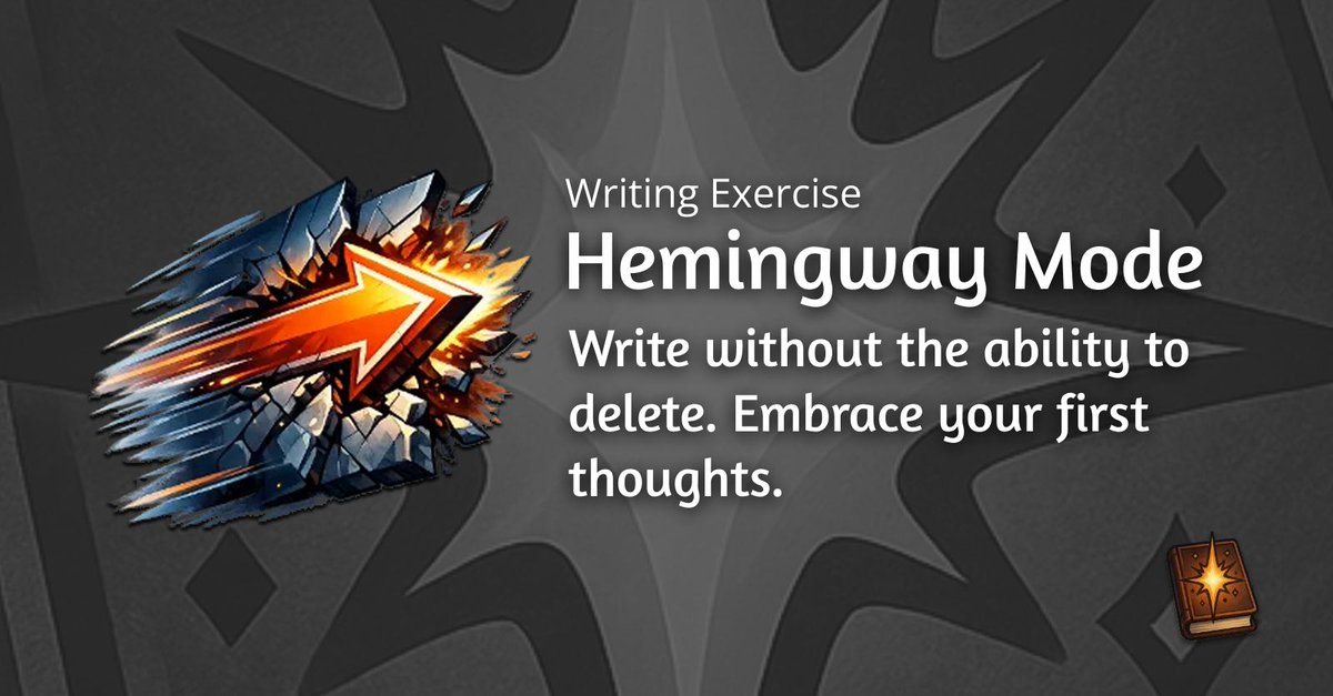 thestoryshack's tweet photo. Hemingway Mode is a focused creative writing exercise: no backspace, no second-guessing, just forward motion while you draft. Practice it at https://t.co/nGfFuYRyDs #CreativeWriting #AmWriting #WritingDiscipline https://t.co/0g4p31wnjd