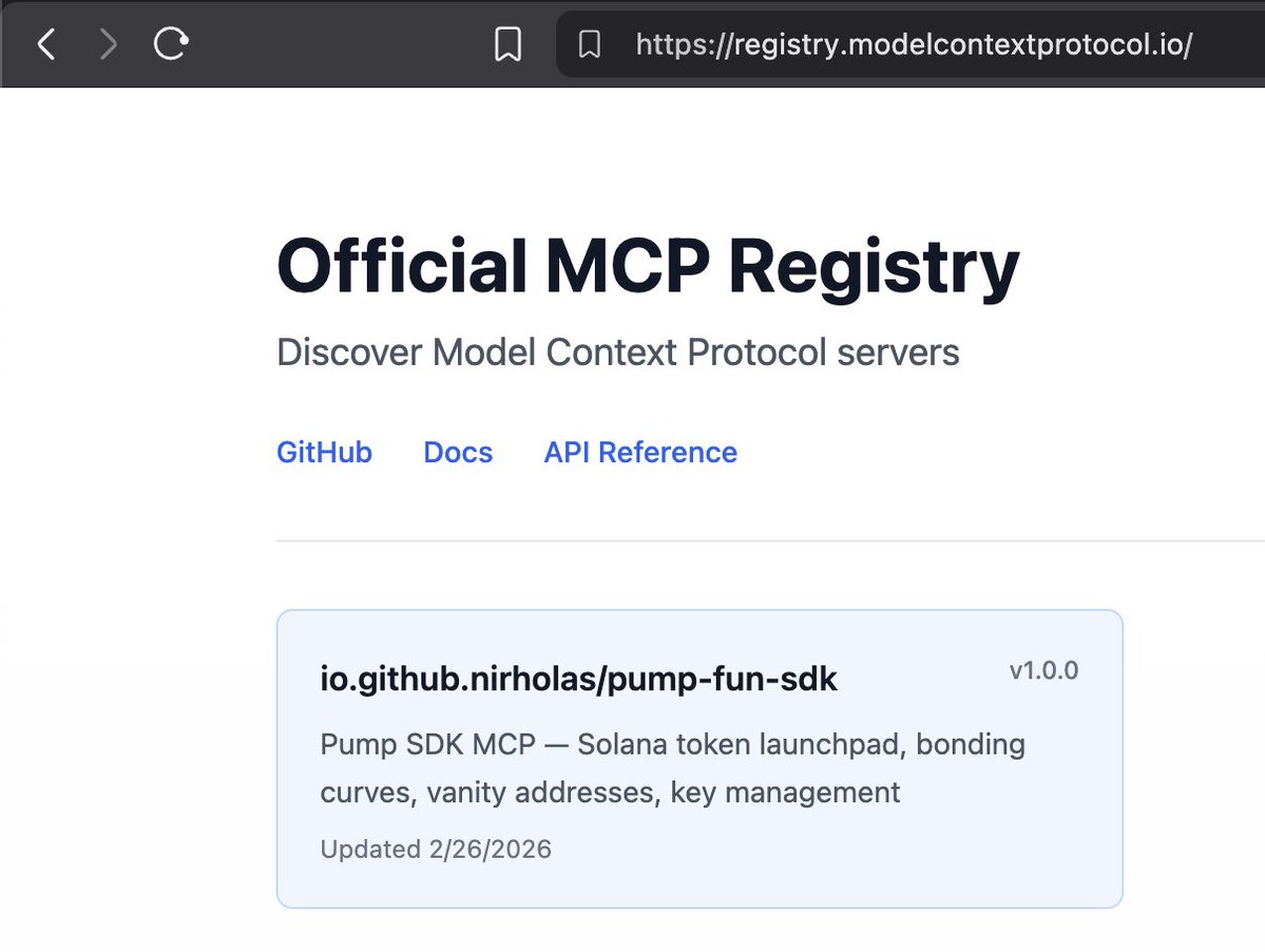 pump-fun-sdk is now listed on <a href="/AnthropicAI/">Anthropic</a>'s official MCP Registry – the canonical directory for AI-to-tool integrations used by Claude, ChatGPT, Cursor &amp; more.

🔗 Full Sperax MCP Server
🔗 Complete documentation
🔗 Agent monetization

Onboarding the next billion developers and