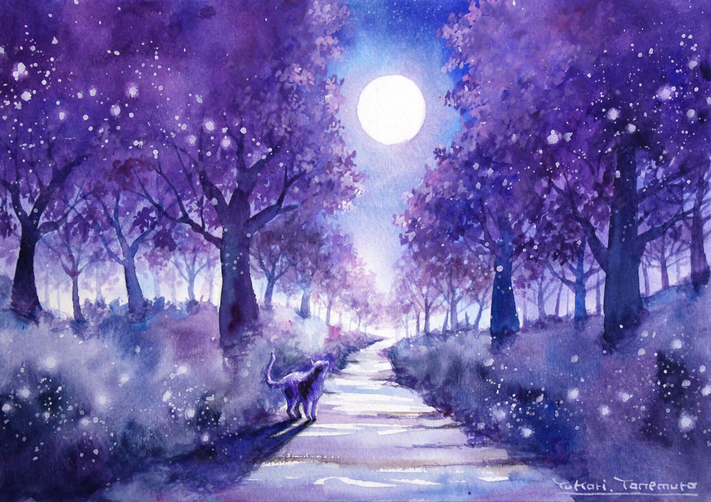 白月夜の桜」 SMサイズの水彩画です 一部アクリル絵具を使用しています