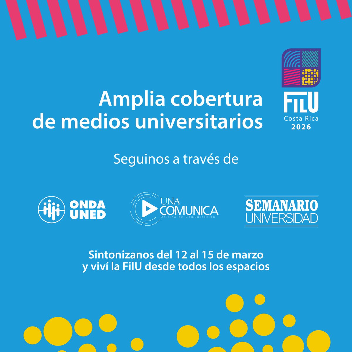 📣🎙️ La FilU Costa Rica 2026 tendrá amplia cobertura de medios universitarios.

Seguinos en <a href="/ondauned/">Onda UNED</a>, <a href="/unacomunica/">UNA Comunica</a> y <a href="/SemanarioU/">Semanario Universidad</a> y no te perdás la visita de jóvenes booktubers que compartirán su experiencia. 📚✨

📆 Del 12 al 15 de marzo, viví la FilU en todos los espacios.