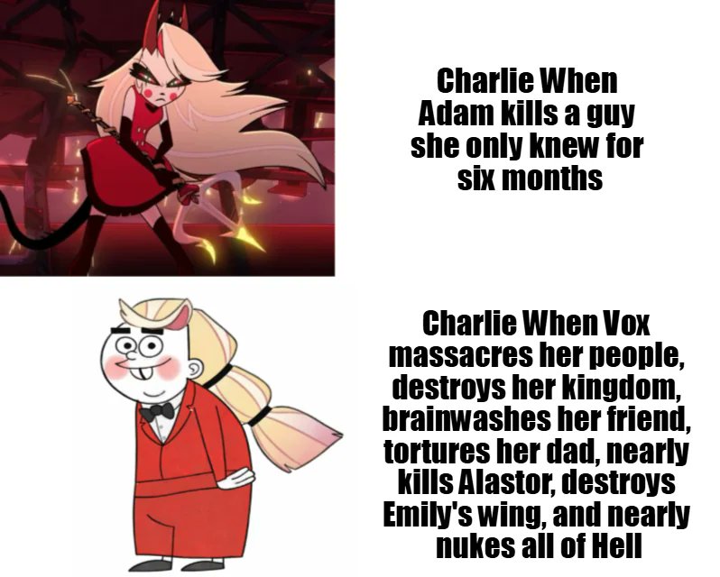 It's crazy that we see Vox kill more sinners onscreen, than we do Adam. 

One sinner is doing fuck all in his shitty apartment, and then he just gets glassed to dust. 

.......And Vox &amp; the Vees are still alive. 
#HazbinHotel #CharlieMorningstar #AgendaHotel #hazbinhotelseason2