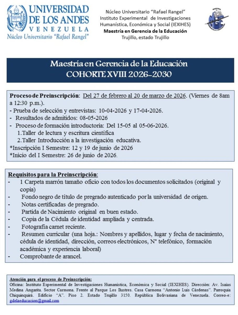 #Nurr #ULA | Abren preinscripciones para la Maestría en Gerencia de la Educación 
El proceso finaliza el #20Mar en la Casa  Carmona  Dr. Antonio Luis Cárdenas
Mientras que, el semestre iniciará el #26Jun prensanurrula.blogspot.com/2026/02/nurr-a… 
#UniVe #Trujillo