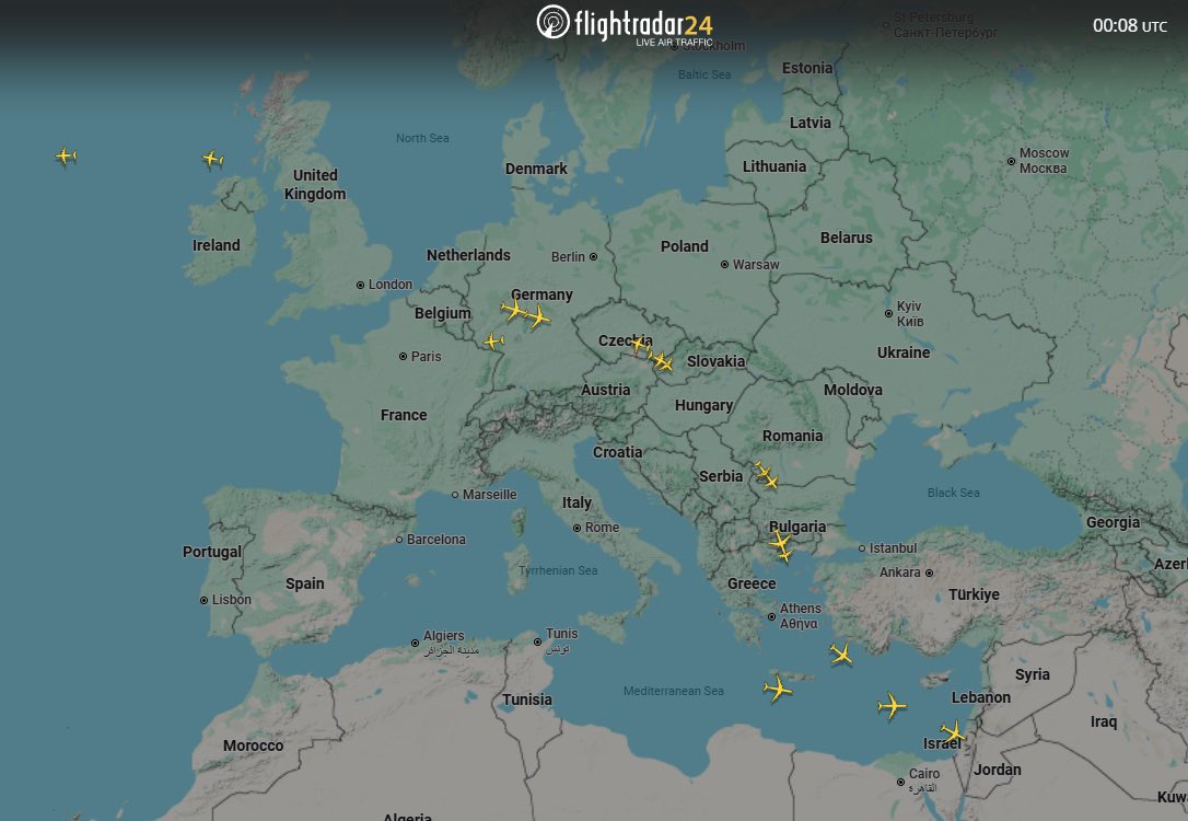 sentdefender's tweet photo. Major pre-positioning moves are being made tonight by the U.S. Air Force in preparation for potential strikes soon against Iran, with 5 KC-46A Pegasus and at least 2 KC-135R/T Stratotankers, along with a number of C-17A Globemaster llls, currently bound for the Middle East, many for air bases in Israel. 12 F-22 Raptors with the 1st Fighter Wing are currently forward deployed to Ovda Airbase in Southern Israel, while around half a dozen aerial-refueling tankers, KC-46s and KC-135s, are located at Ben Gurion International Airport in Tel Aviv.