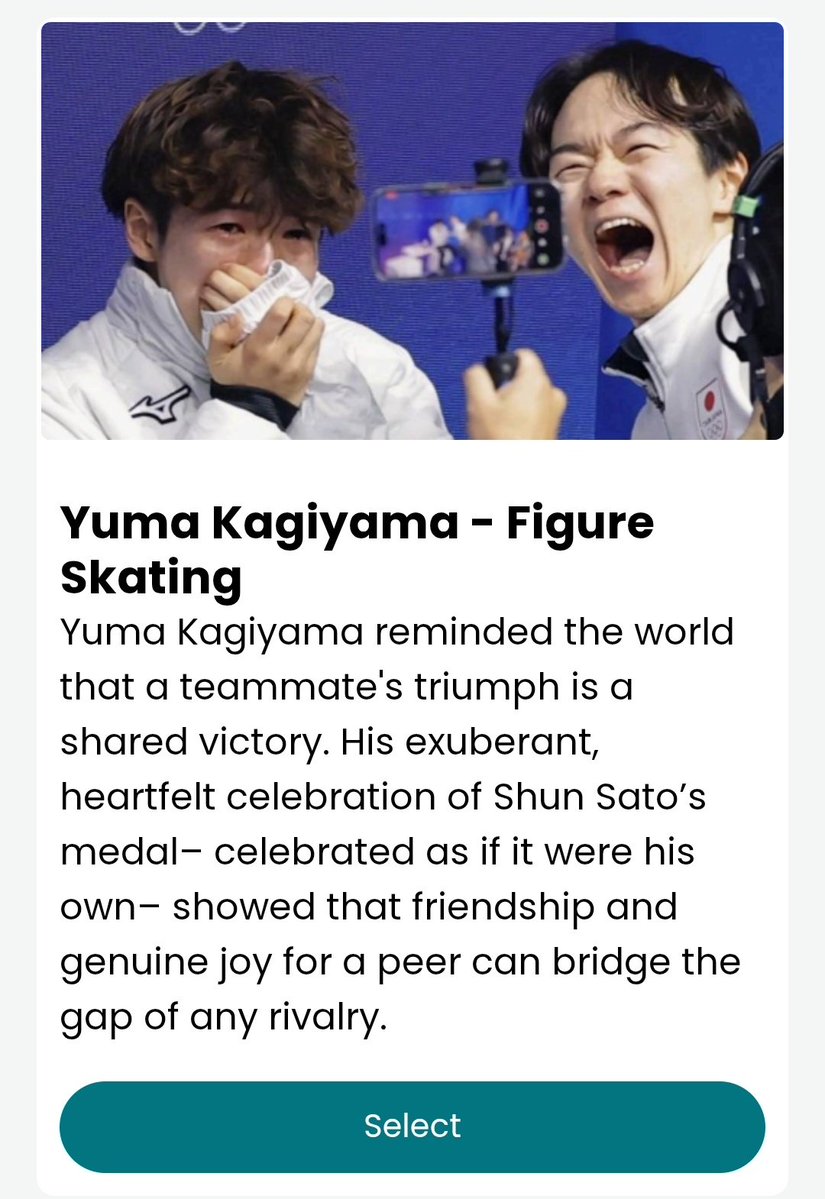 yuma has been nominated for the cifp &amp; ioc fair play award, which recognises 'standout acts of sportsmanship, integrity and solidarity from the olympic winter games'!
the full list of nominees and an opportunity to vote is at: olympics.com/en/vote/fairpl…