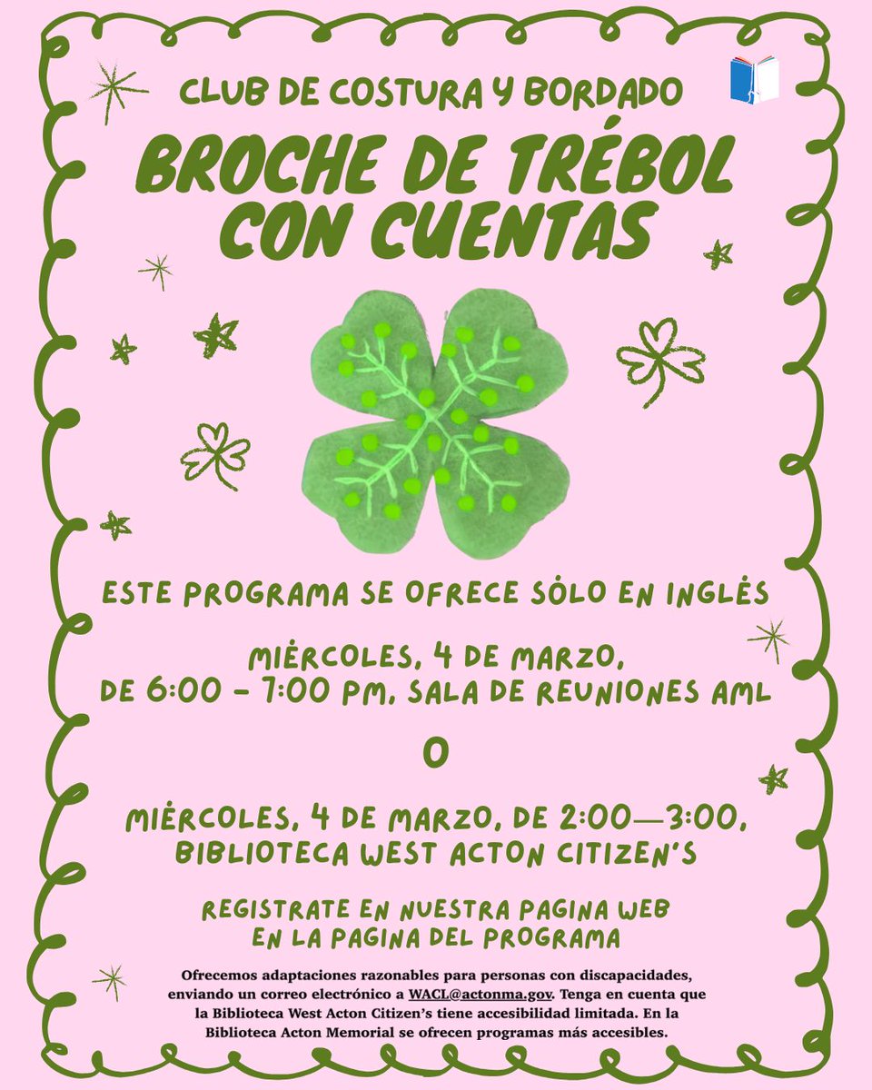 Sewing and Embroidery Club @ West! Wednesday, March 4, 2:00—3:00 PM, West Acton Citizens' Library. This month's craft will be: Beaded Shamrock Brooch. Sign up on the program page on our website: …emoriallibrary.assabetinteractive.com/calendar/sewin… 
See bio for accessibility info.