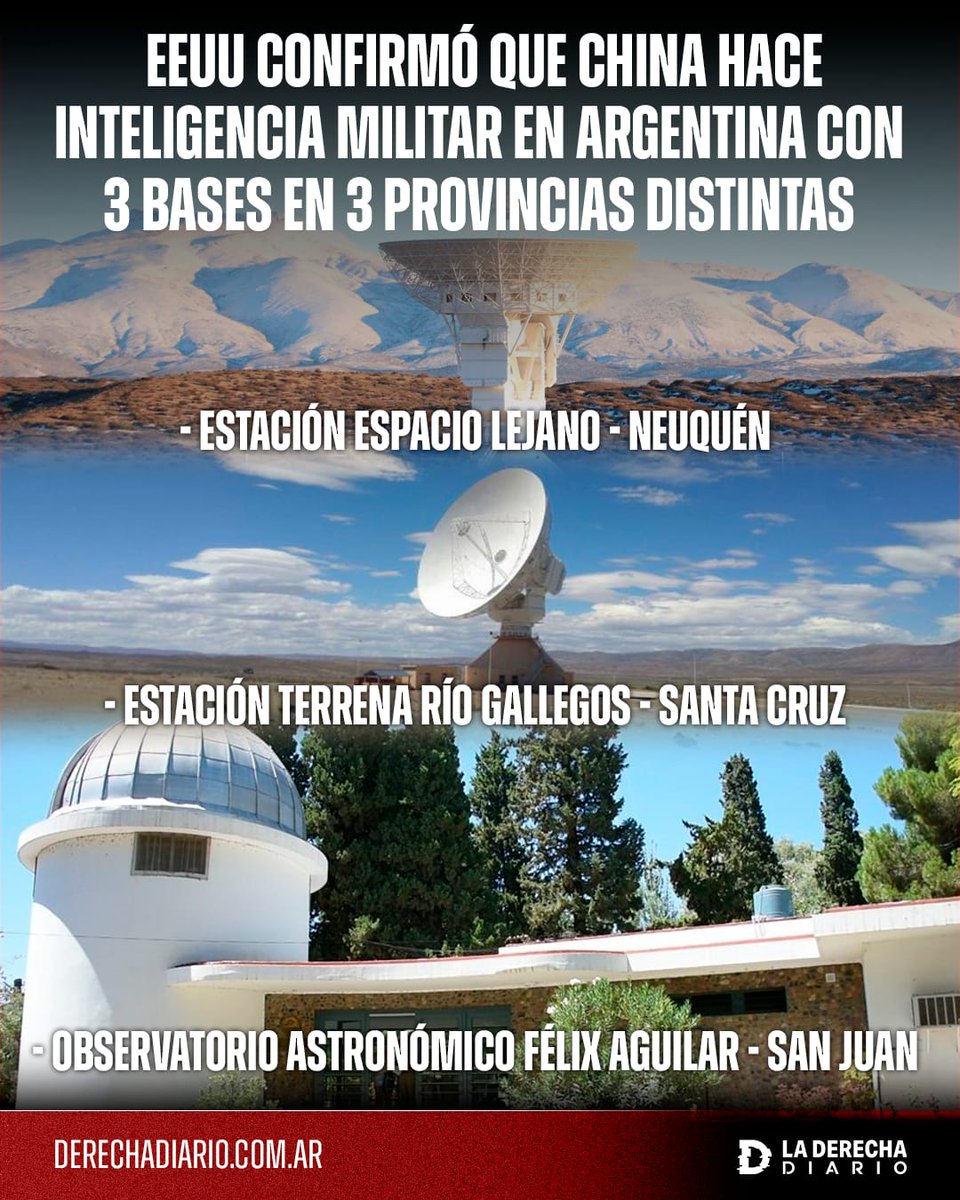 🚨🇦🇷🇨🇳 | EL KIRCHNERISMO VENDIÓ LA PATRIA: El Comité Selecto del Congreso de Estados Unidos confirmó que China realiza espionaje militar en Argentina con 3 bases en 3 provincias distintas: Neuquén, Santa Cruz y San Juan.