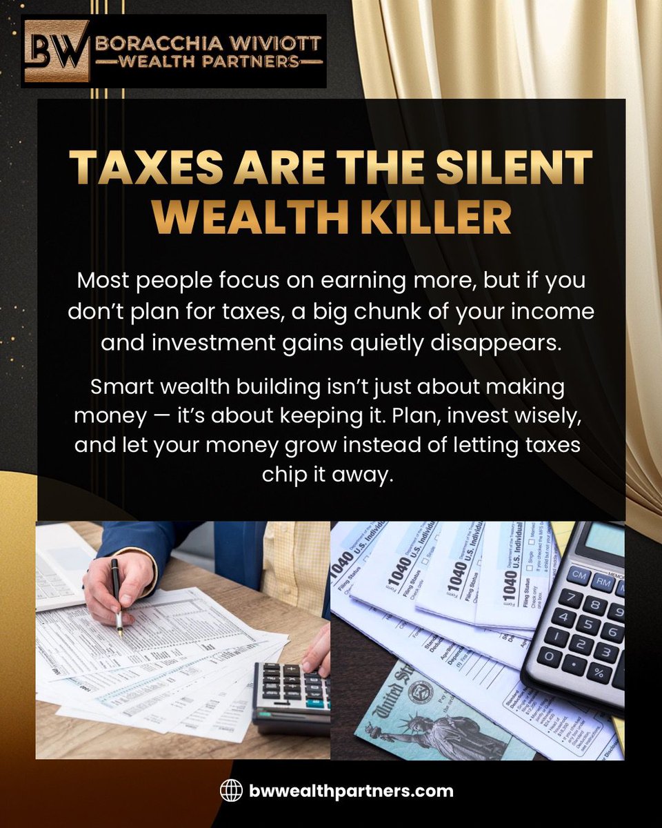 Taxes = the silent wealth eater 📉 Don’t let them drain your growth—optimize, plan, and leverage every advantage. Knowledge is power.

Not financial advice. Investments carry risk. Fine print: BWWealthPartners.com/tos

#WomenInBusiness