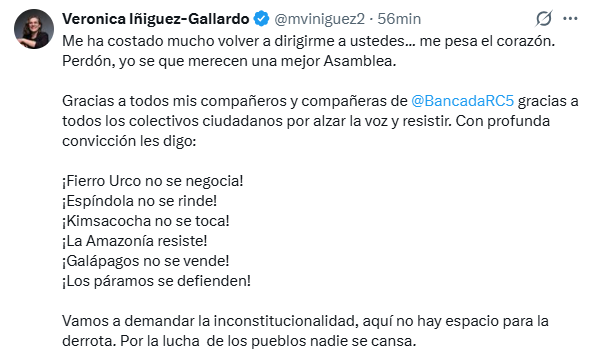 EcEnDirecto's tweet image. #URGENTE 
"Vamos a #demandar la inconstitucionalidad, aquí no hay espacio para la derrota. Por la #lucha  de los #pueblos nadie se cansa", manifestó la asambleísta Verónica Iñiguez, esto después de la aprobación del proyecto de Ley para el Fortalecimiento Minero y Energético.