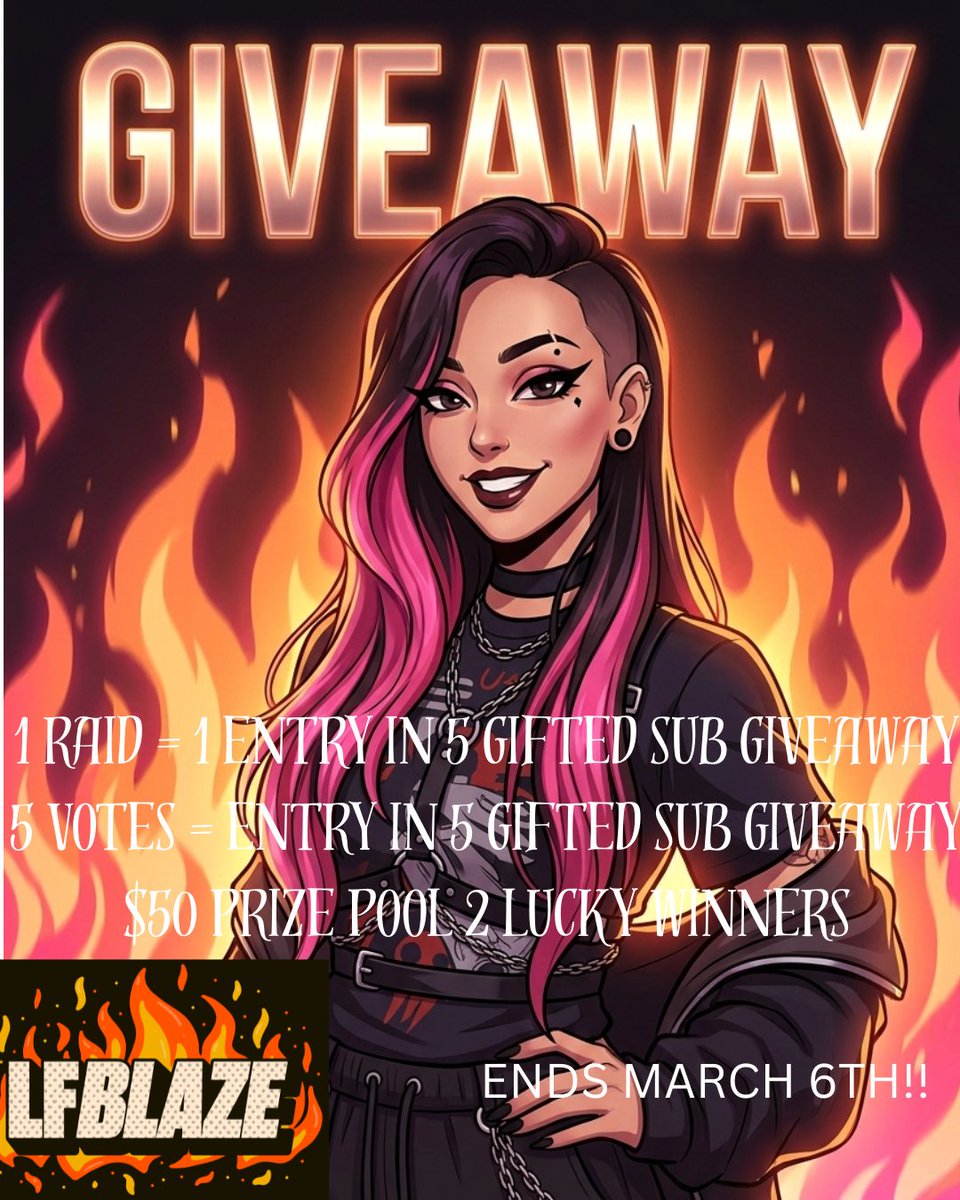 TwiceSlice's tweet image. #BLAZE Launched a ton of cool features today one of the ones I'm excited about is Raids! In honor of this week will be doing a giveaway ✨️
$50 prize pool 
1 Raid is an entry for 5 gifted subs 
5 votes or 1 gifted sub for an entry in another giveaway
2 lucky winners Ends march 6