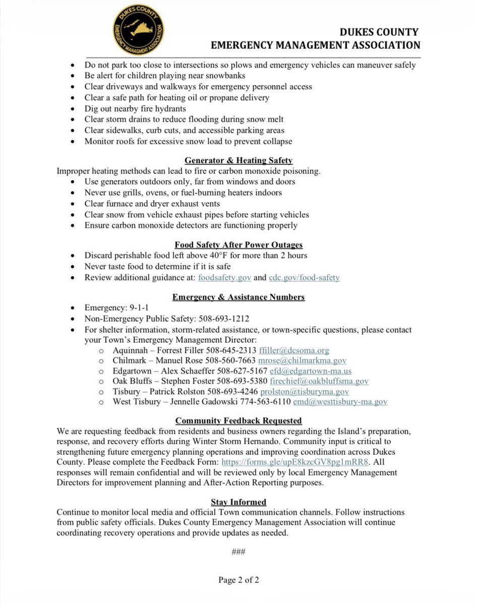 🚨 #WinterStormHernando Recovery Update 🚨

⚡ Most power restored by <a href="/EversourceMA/">Eversource MA</a> across #DukesCounty (≤10% outages)
📸 Report storm damage to <a href="/MassEMA/">MEMA</a> by 3/6: forms.office.com/g/W7V1kzB3wk
📝 Share feedback: forms.gle/upE8kzcGV8pg1m…

Call 911 for emergencies. #MarthasVineyard #DCEMA