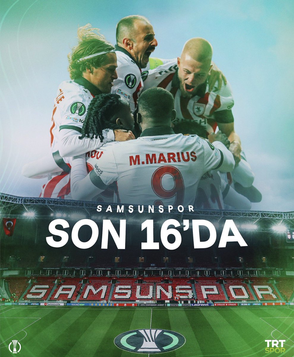 Tarihi bir gece

Samsun UEFA Konferans Ligi’nde adını son 16’ya yazdırdı 
Anadolu ‘nun  güçlü temsilcisi, büyük bir gurur yaşatıyor

Ülkemize kazandırdığın puanlar için,göğsünde Atatürk’lü arma ile Avrupa’da yoluna emin adımlarla devam ediyor.👏👏👏
<a href="/YY_Samsun/">Yüksel YILDIRIM</a> 
<a href="/Samsunspor/">Samsunspor 🇹🇷</a>