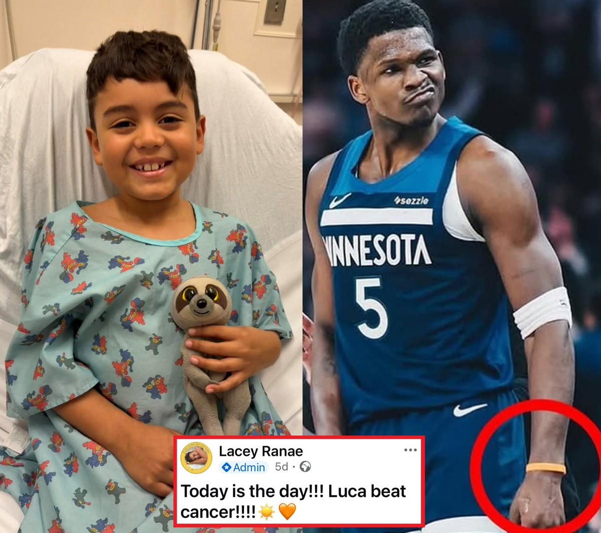 Young fan, Luca, who gave Anthony Edwards the bracelet he wears every game and Ant promised to wear for the rest of his career—has beaten cancer